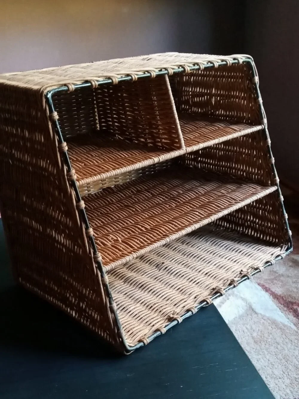 Vintage Rattan Wicker Metal 4-Compartment Desk Mail Organizer Caddy Multi-use